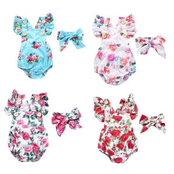 

0-24м новорожденного baby girl цветочные ромперы bodysuit с hairwrap оголовье wrap лето без рукавов полукомбинезона climbing цельной ткани d, Blue