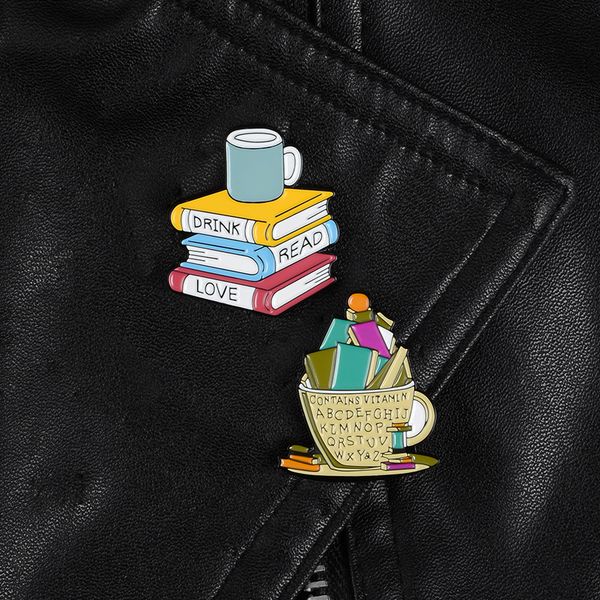 

cup with 26 letters cartoon brooches several books with different convers for clothes bag punk jewelry gift for friends pendant, Gray