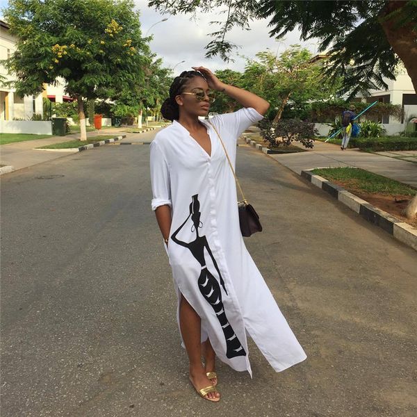 

african girl print womens dress designer deep split ladies shirt dress donna brief summer long dresses, Black;gray