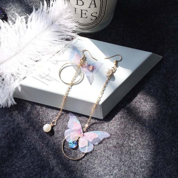 

korean retro asymmetric butterfly imitation pearl earrings fashion round flower brincos long statement wings earrings jewelry, Silver