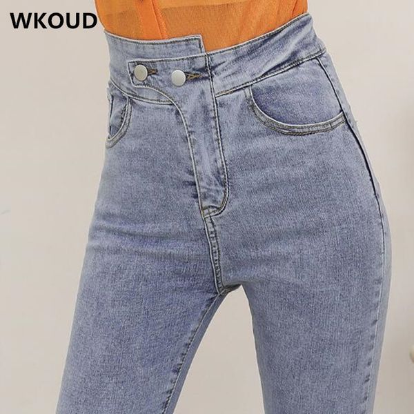 

wkoud high waist irregularity jeans women spring fashion solid blue jeans scratched denim pencil pants casual skinny jean p8843