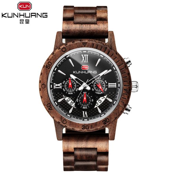 

selling wooden watch mens fashion three-eye six-pin multi-function quartz watch, Slivery;brown