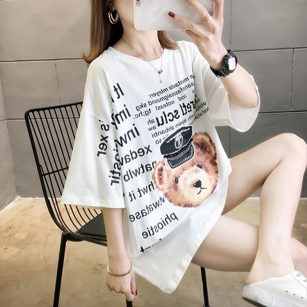 

ins short-sleeved t-shirt 2020 large size loose versatile mid-length ins short-sleeved t-shirt women's 2020 large size women's loo, White