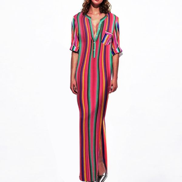 

2018 fashion summer dress female women half sleeve striped multicolor button zippers beach long dress plus size robe vestidos, Black;gray
