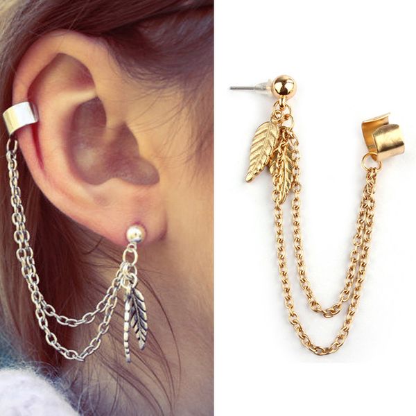 

2019 gold earrings for women fashion earing statement punk personality clip tassel leaf charm metal ear clip stud new earring q6, Silver