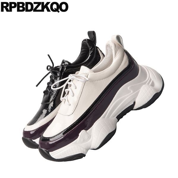 

genuine leather women 2019 female patent shoes creepers round toe harajuku brand pumps beige wedge lace up high heels platform