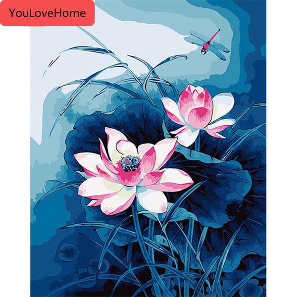 

цифры картина маслом цветы лотоса ручная роспись наборы для рисования украшения дома искусства diy краска холсте современного домашнего деко