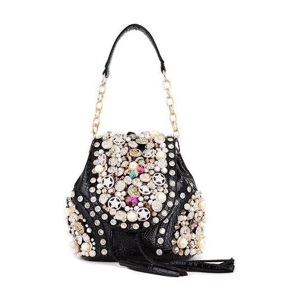 

2020 women new fashion patent leather handmade beaded tassel large capacity rivet bag shoulder bag crossbody office daily