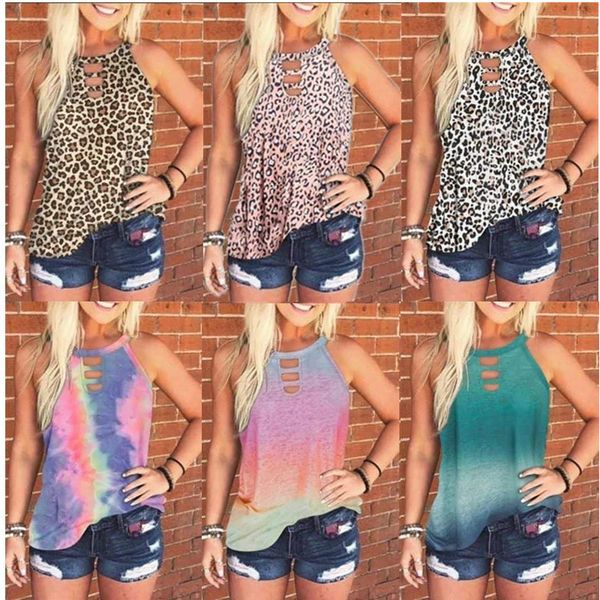 

summer 2020 women t-shirt sleeveless vest leopard tie-dye style pullover tees shirts ladies round neck blouse casual clothes d61201, White