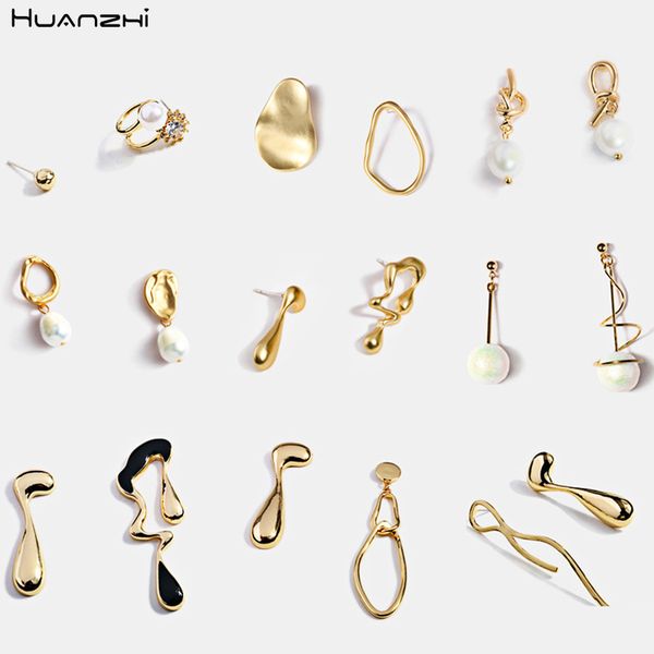 

huanzhi 2019 golden zinc alloy black enamel fashion charm stud earrings geometric irregular for women earrings asymmetric party, Golden;silver