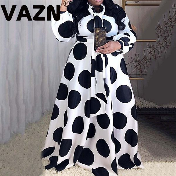 

vazn 2020 spring жоржетта плюс размер узелок top black white dot заплатка полный рукава женщины высокой талией бальное платье макси платье, Black;pink