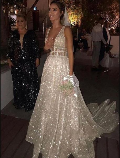 

sequined 2019 new designer wedding dresses deep v neck floor length wedding dresses bridal gowns robe de mariÃ©e vestidos de novia, White