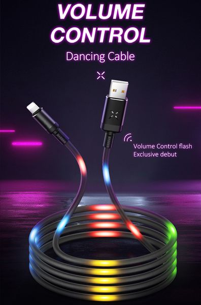 

Volume Control Dancing LED Light Flash Cable Data Sync 2A Fast Charging Type-C USB Lightning cord for Galaxry S9 P10 LG PHONE XS cables