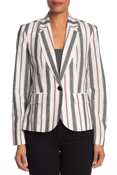 

blazer women european vertical striped single button linen cotton casual loose fashion spring autumn coat plus size big, White;black