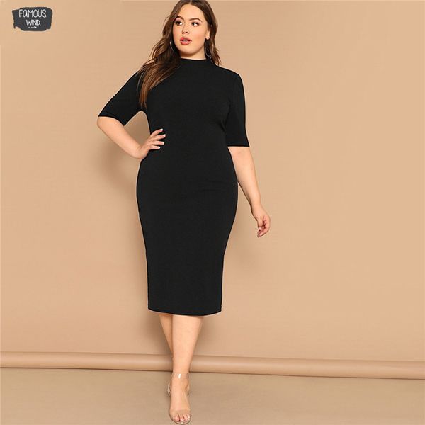 

classy black plus size mock-neck solid pencil dress women spring casual dresses office lady bodycon basics plus size long dresses, Black;gray