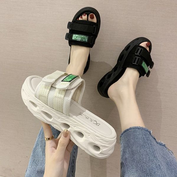 

shoes on a wedge house slippers platform med slides sneaker women home pantofle soft flat 2020 rome hoof heels fabric wedges, Black