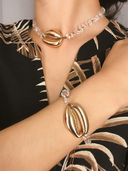 

boho women creative ethnic necklaces bracelet natural stone exaggerated shell original handmade bracelet clothing accessories, Golden;silver