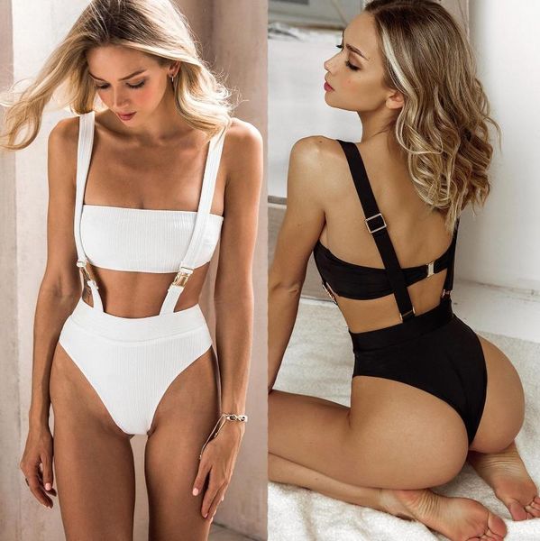 

rxrxcoco one pieces swimwear women 2020 strap bodysuit female halter bandage monokini push up bikini bathing suit biquinis, White;black
