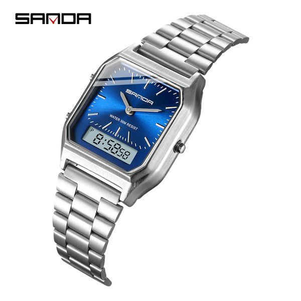 

sanda men watches blue retro stainless steel band digital display erkek kol saati zegarek damski relogios wristwatches, Slivery;brown