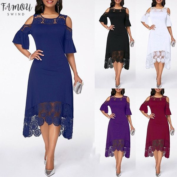 

plus size 5xl 5 colors women casual dress summer lace patchwork cold shoulder short sleeve irregular party dresses vestidos, Black;gray