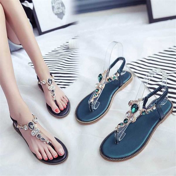 

jianbudan sandals for women's flat flip-flops comfortable beach shoes fashion rhinestone crystal sandals summer flat women shoes, Black
