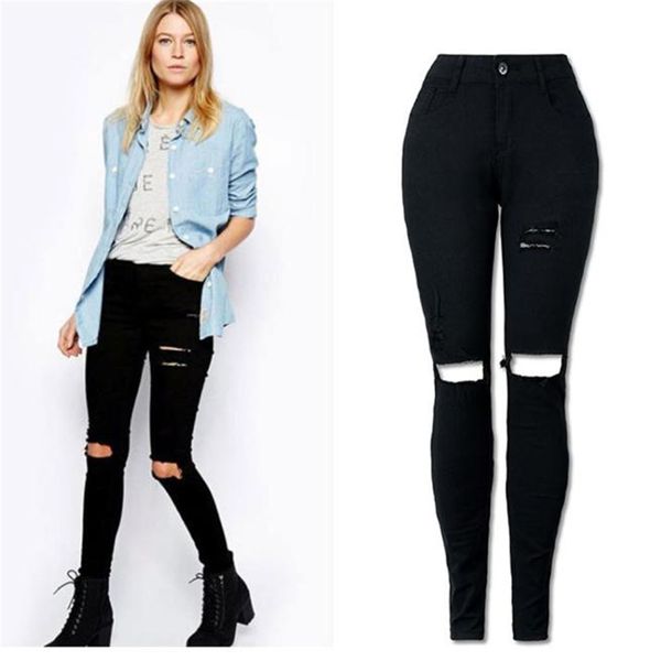 

chamsgend ladies' hole jeans women cool ripped knee cut skinny long jeans pants slim pencil trousers cotton pants oc15, Blue