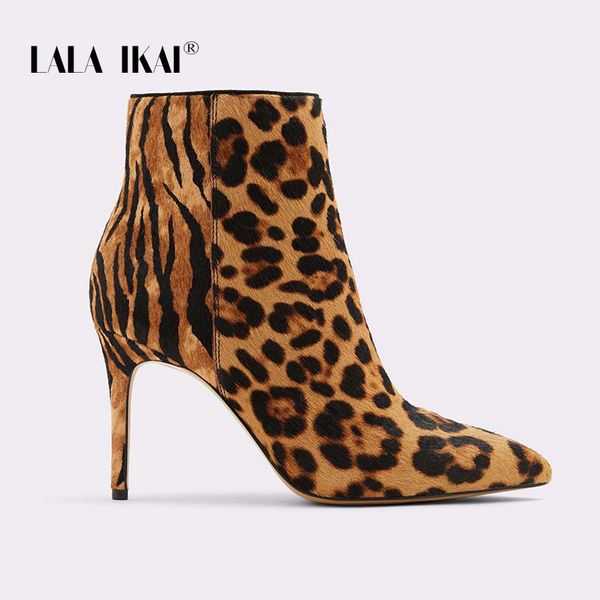 

lala ikai women ankle boots leopard patchwork flock thin heels shoes pointed toe bota feminina female boots xwc5409-4, Black