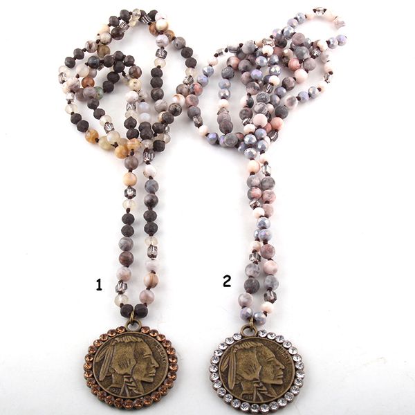 

fashion bohemian tribal jewelry 6mm natural stones and glass long knotted crystal disco metal buffalo pendant necklaces, Silver