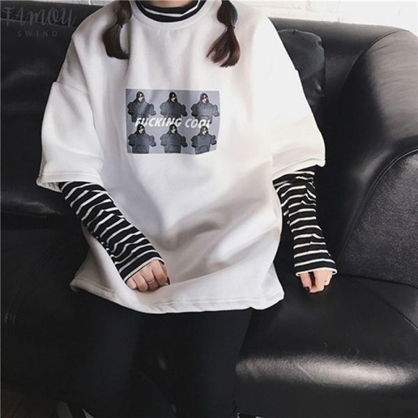 

long sleeved t shirt female spring autumn fake two pieces striped harajuku bf wind print wild loose personality student, White