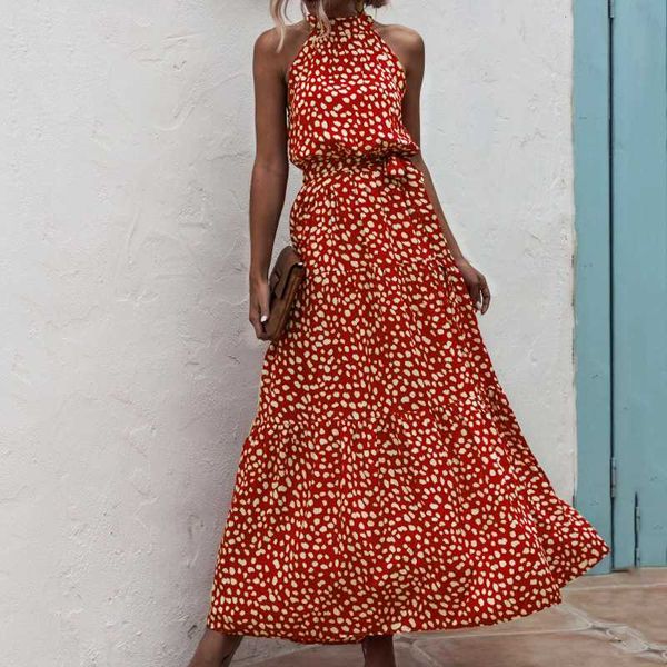 

summer elegant long dress belt women 2020 fashion print flowers polka-dot strap ladies halter boho dress women vestidos, Black;gray