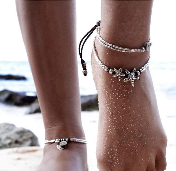 

cross-border foreign trade in europe and america bohemian starfish rune om yoga pendant woven anklet beach anklet, Red;blue