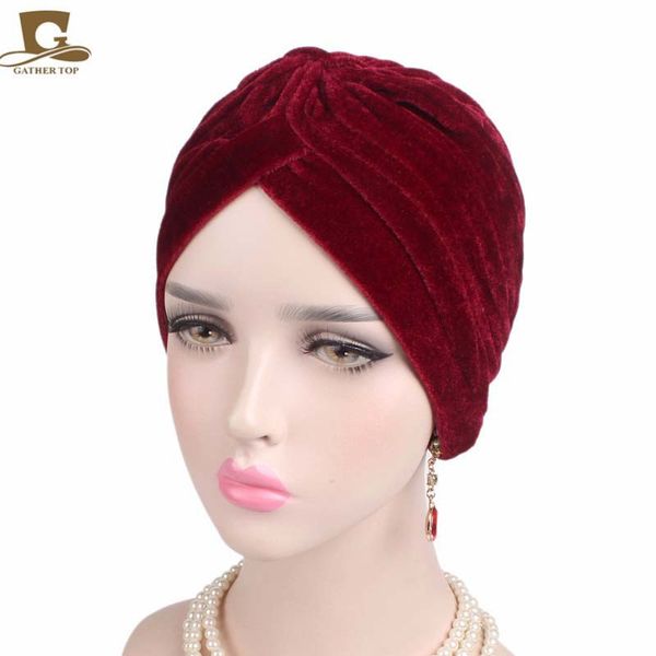 

2020 new style soft and comfortable breathable gold velvet head turban hat stripes india cap chemotherapy cap nightcap, Red