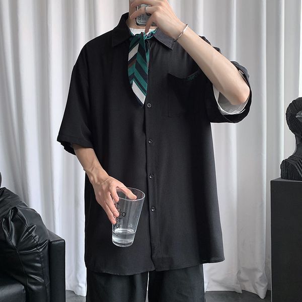 

2020 летняя новые молодежные популярные мужской сыпучий solid color пятиточечного рукав мода повседневной рубашки куртка черный / белый -2x, White;black