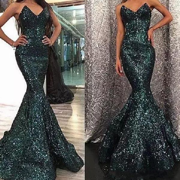 Escuro verde lantejoulas vestidos de baile 2021 sereia moda curvada querida neck caçador de cor varrer trem dubai vestidos de baile frete grátis