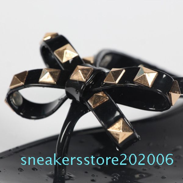 

new 2018 woman summer sandals rivets big bowknot flip flops beach sandalias femininas flat jelly designer sandals s06, Black