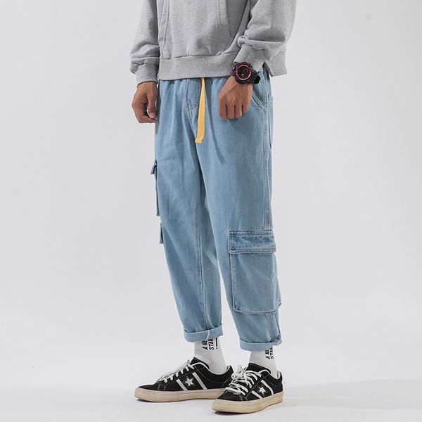 

2019 men's baggy homme cargo pocket wash jeans cowboy loose trousers male leisure male blue color casual pants plus size -3xl