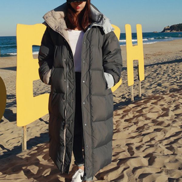 

lanmrem 2019 winter new casual fashion temperament women loose plus solid color hooded knee down jacket tc604, Tan;black