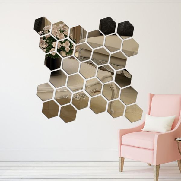 

3d hexagon acrylic mirror wall stickers diy art wall decor stickers living room mirrored sticker gold home decor