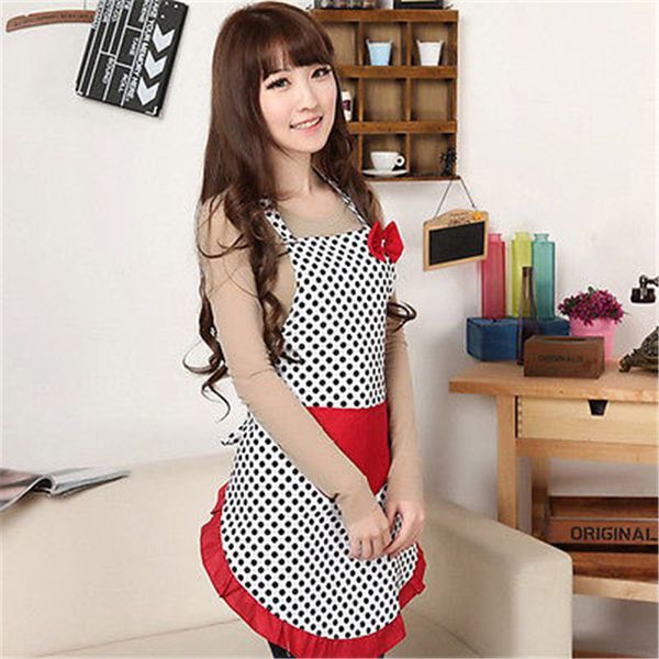 

cute bowknot dot women kitchen restaurant bib cooking aprons with pocket