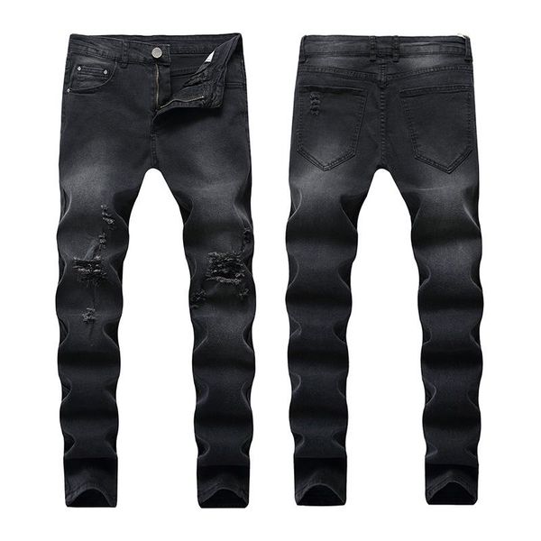 

men casual jeans distressed hole jeans torn ripped slim pants destroyed denim trousers male skinny pencil pants streetwear, Blue