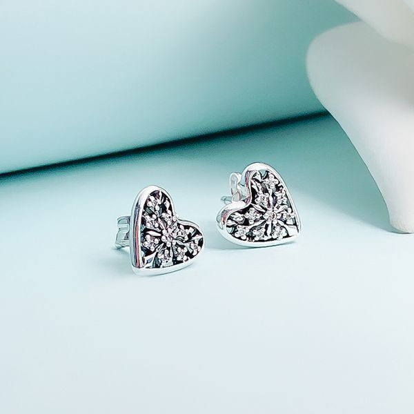 

real 925 silver love heart серьги для pandora cz алмазный свадебные украшения милые девушки серьги стержня подарочной коробке набор, Golden;silver