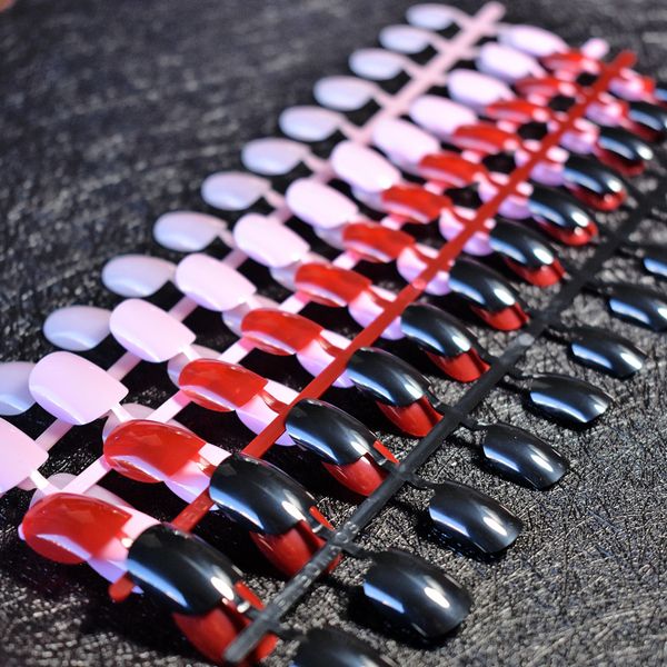 

4 colors/set children candy false nail tips nude pink red black 24pc full cover kids fake nails art for little girls, Red;gold