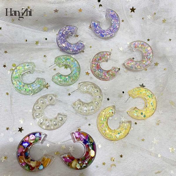 

hangzhi new transparent acrylic pearl colorful shells shiny pentagram sequins semicircle earring for women summer jewelry gift, Golden;silver