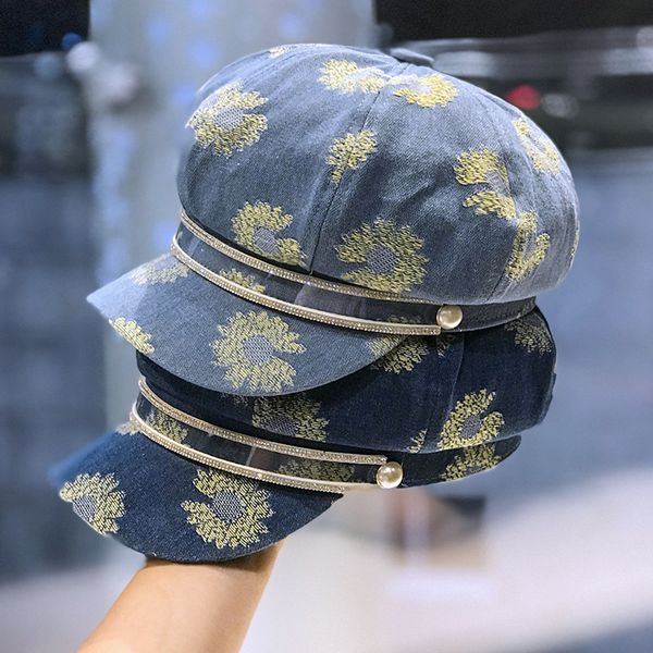 

202006-39330 new denim pearl decoration lady octagonal cap women leisure street visors hat, Blue;gray