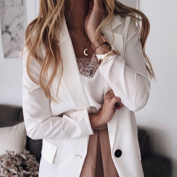 

vintage blazer solid jacket women single button evening party notched white cape blazer women jacket, White;black