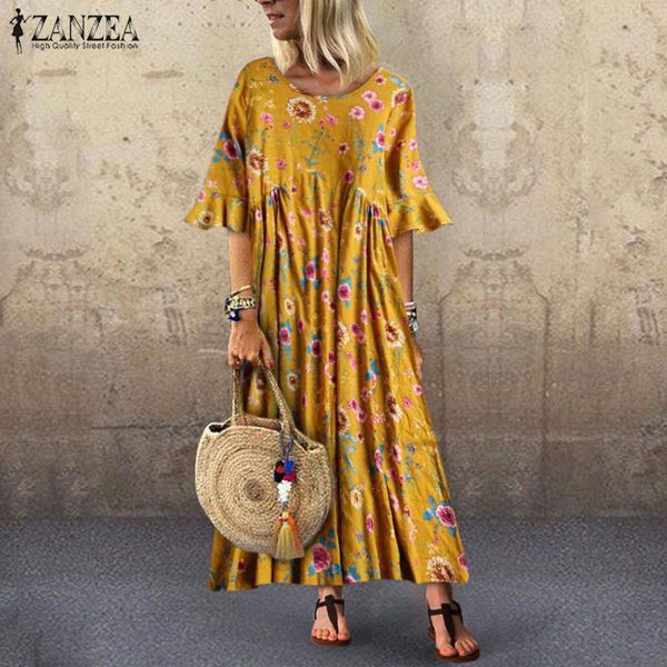 

bohemian print dress women sundress 2019 zanzea woman summer floral ruffle vestido female casual half sleeve party long robe 5xl, Black;gray