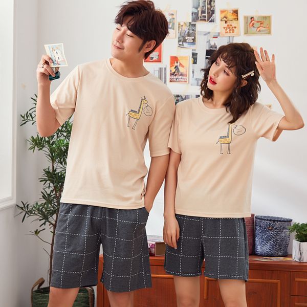 

young lovers pajamas women short-sleeved summer pyjama loose men thin style couple pijama set sleepwear + shorts girl pajama, Blue;gray