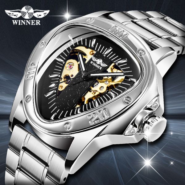 

winner men watch hollow triangular mechanical watches stainless steel men's wristwatches fashion brand male clock dropshipping, Slivery;brown