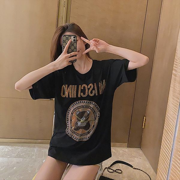 

2020 fashion brand diamond clock bear t-shirt female flash diamond round collar loose large size t-shirt couple outfit couple wear short, White