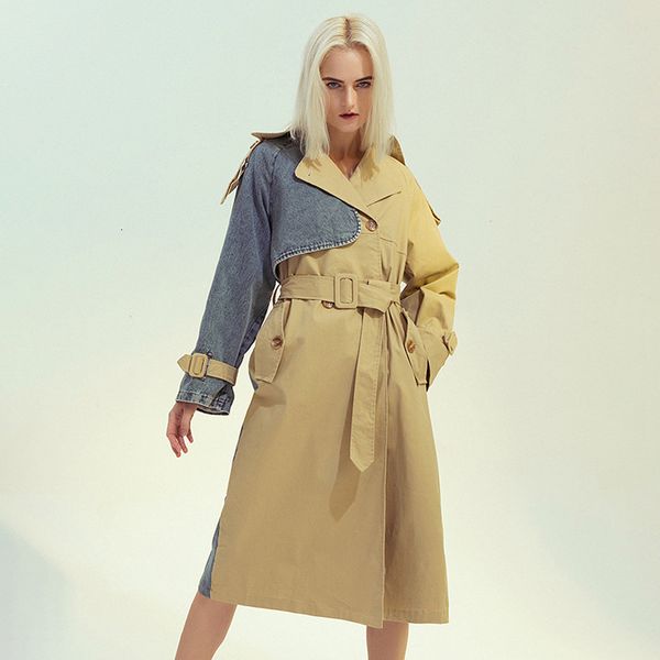 

women fashion 2020 patchwork hit color jacket female lapel collar long sleeve high waist sashes plus size trench, Tan;black